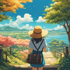 Illustration of a girl who loves traveling, carrying a suitcase, reading a travel guide in anime, watercolor and cartoon style.