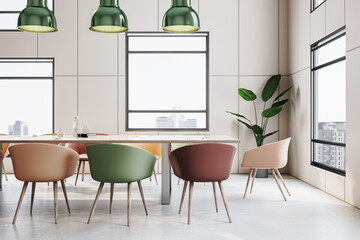 Contemporary light meeting room interior with furniture, windows and city view. 3D Rendering.