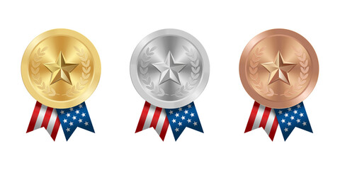 Golden silver and bronze award sport medal with USA ribbons and star