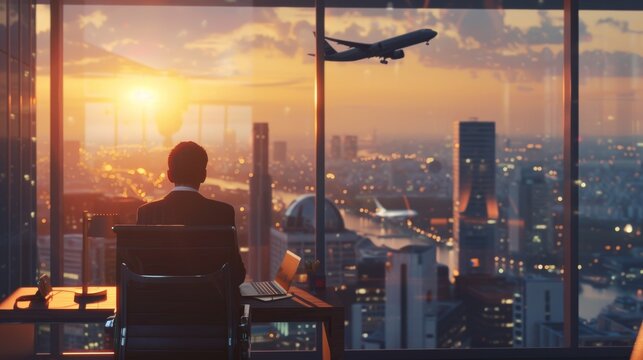 High-rise office environment with a young employee working near a window, a plane flying by in the background, creating a clean and contemporary workspace