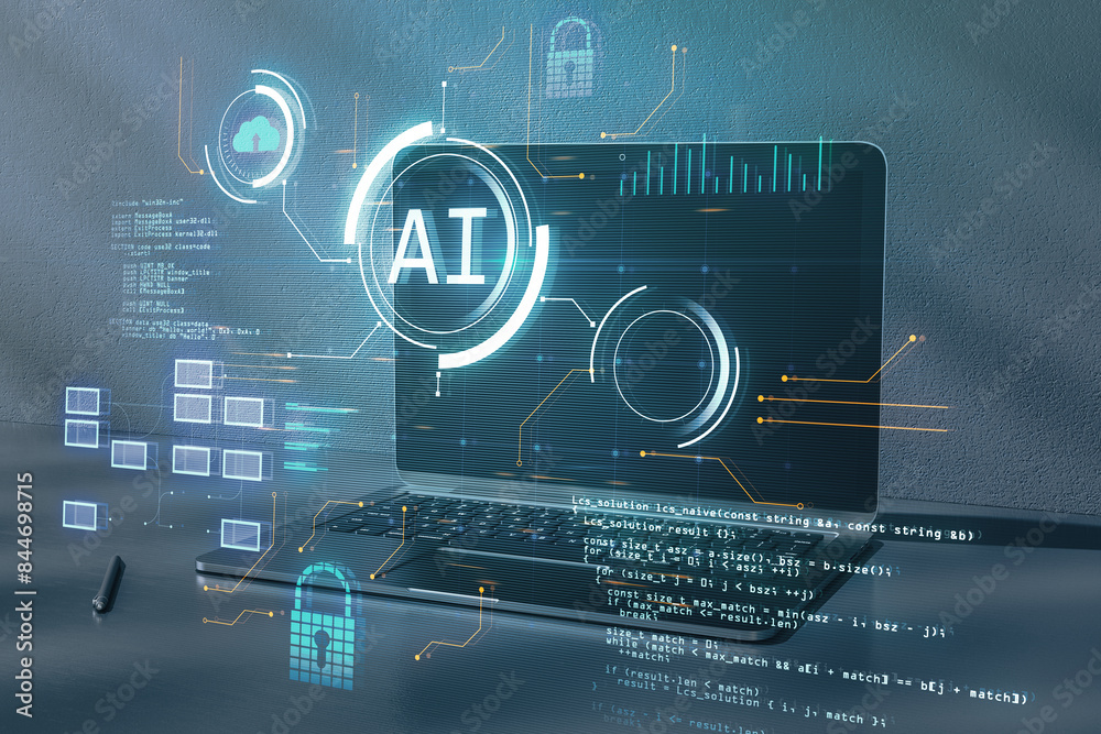Aufkleber Close up of office desktop with laptop and glowing blurry ai hologram with binary coding on blurry background. Artificial intelligence, technology and programming concept. Double exposure.