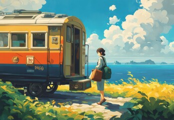 Illustration of a girl who loves traveling, carrying a suitcase, reading a travel guide in anime, watercolor and cartoon style.