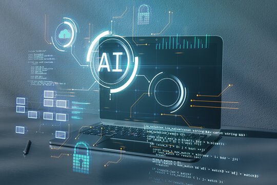 Close up of office desktop with laptop and glowing blurry ai hologram with binary coding on blurry background. Artificial intelligence, technology and programming concept. Double exposure.