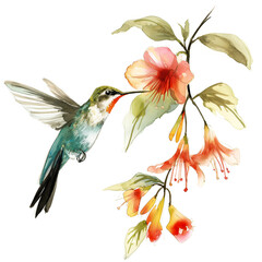 Obraz premium Hummingbird sipping nectar from a blooming flower, cute ink watercolor illustration isolated on a white background 