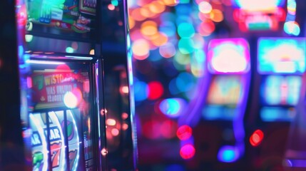 Defocused vibrant blue purple and green lights tered across the background while sparkling slot machines in shades of gold silver and red take center stage and beckon players to test .