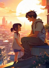 an Indian boy and girl discussing with each other while smiling kindly in a city with anime and cartoon style
