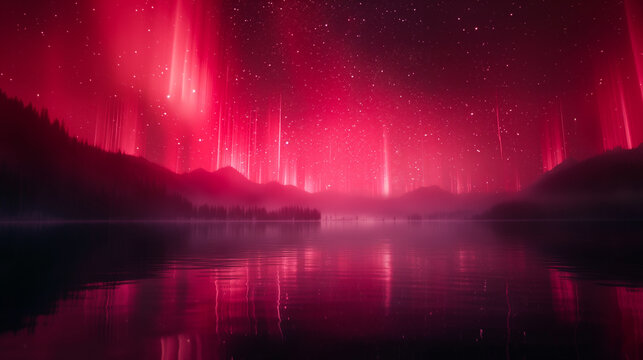 Mystical red Aurora Borealis dancing over a calm lake under a starry night sky 