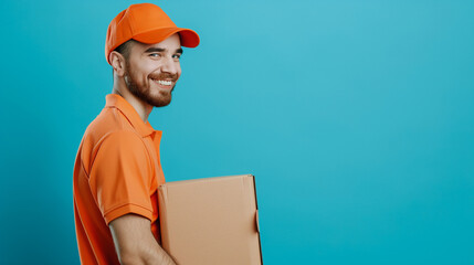 Half-body HDR image of a smiling courier in orange uniform carrying a cardboard box against a bright blue background, isolated on the right. Depicts efficient delivery services and customer