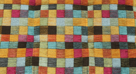 Multicolor colorful squares textile upholstery pattern texture background. Interior design concept