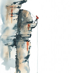 Rock climber scaling a steep cliff face, embodying perseverance and thrill, ink watercolor illustration isolated on a white background 