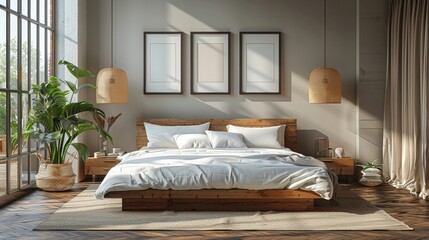 Contemporary bedroom neutral tones framed art above bed light wood furniture soft natural light