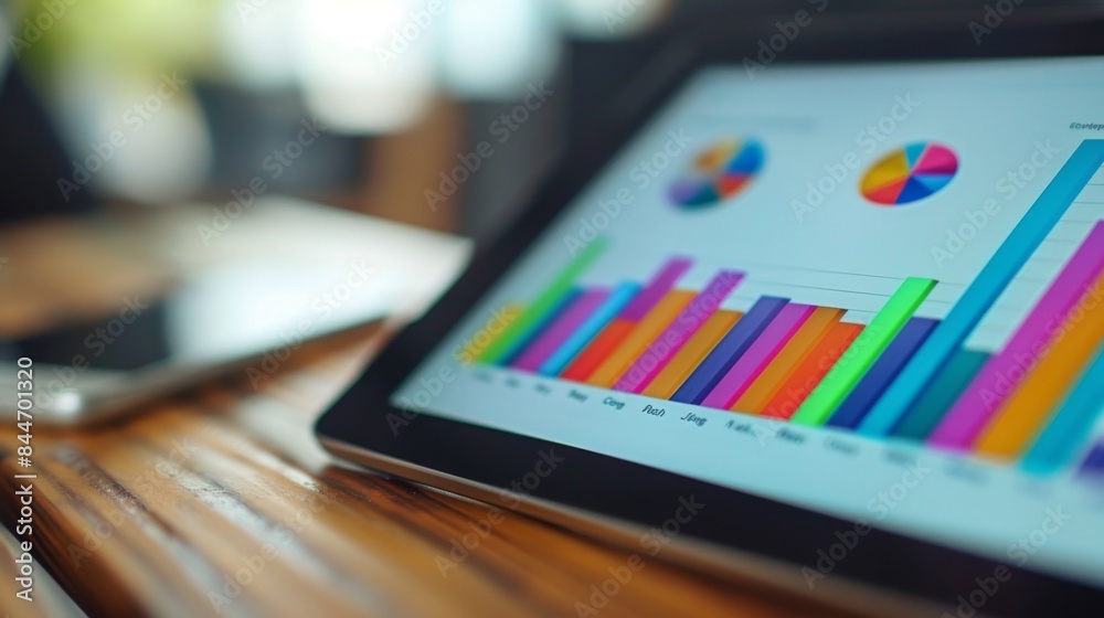 Aufkleber close-up of a tablet screen displaying a colorful bar chart, representing sales data