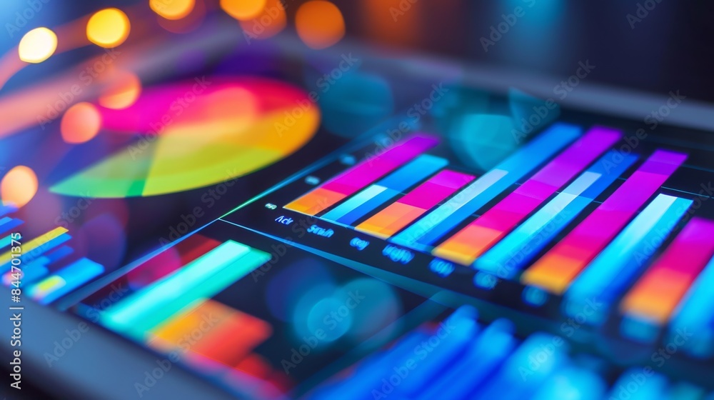 Aufkleber close-up of a tablet screen displaying a colorful bar chart, representing sales data