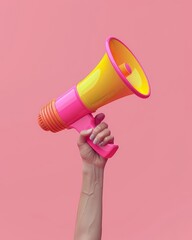 Megaphone in hand, vibrant, simple, 3D rendering, symbolizing communication and broadcasting