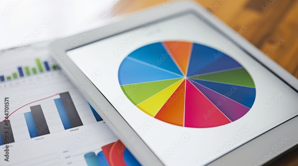 Poster Close-up of a tablet screen displaying a colorful pie chart, illustrating market share