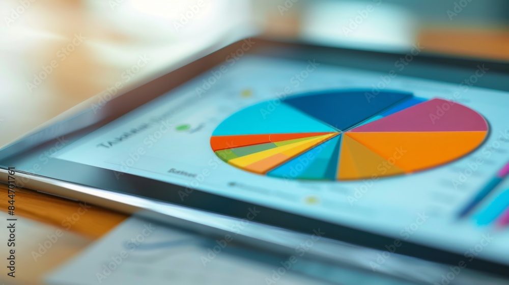 Poster close-up of a tablet screen displaying a colorful pie chart, illustrating market share