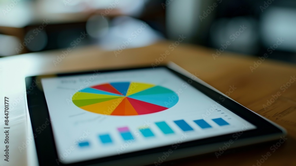 Poster close-up of a tablet screen displaying a colorful pie chart, illustrating market share