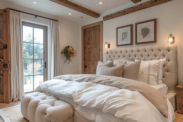 Contemporary bedroom soft bedding three wall frames neutral colors cozy atmosphere