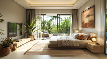 modern brown bedroom with tv and trees outdoor