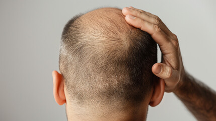 Obraz premium A man is seen from behind, with his hand on the back of their head holding hair that has fallen out due to baldness. The background should be plain white and gray for easy integration into various 