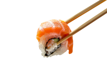 Holding chopsticks picking up sushi 1 piece isolated on transparent background, for japanese food concept, menu recommend and advertising in restaurant.