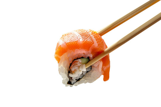 Holding chopsticks picking up sushi 1 piece isolated on transparent background, for japanese food concept, menu recommend and advertising in restaurant.