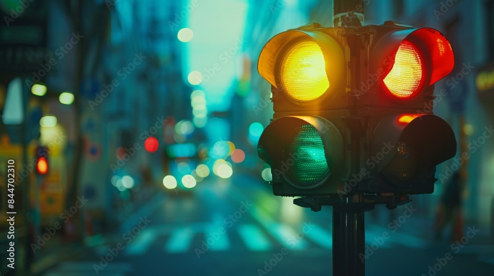 Poster close-up of a traffic light changing from green to red at a busy street intersection