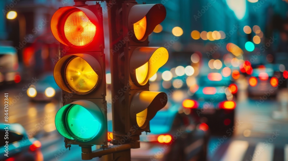 Poster close-up of a traffic light changing from green to red at a busy street intersection