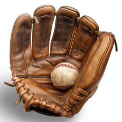 A classic brown leather baseball glove with a worn baseball placed inside | Isolated on Transparent & White Background | PNG File with Transparency