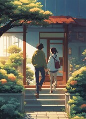 illustration of a boy falling in love with a girl. cartoon and anime style