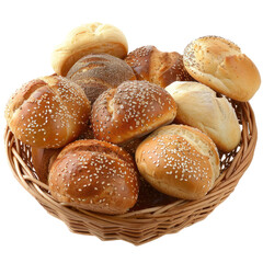 A basket of assorted bread rolls including whole grain and sesame seed varieties | Isolated on Transparent & White Background | PNG File with Transparency