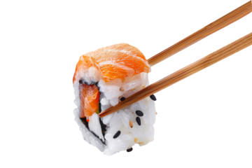 Holding chopsticks picking up sushi 1 piece isolated on transparent background, for japanese food concept, menu recommend and advertising in restaurant.