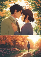 illustration of a boy falling in love with a girl. cartoon and anime style