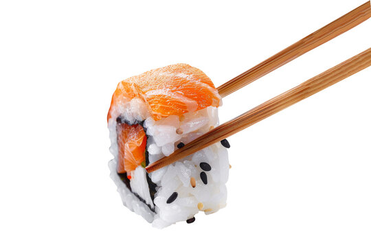 Holding chopsticks picking up sushi 1 piece isolated on transparent background, for japanese food concept, menu recommend and advertising in restaurant.