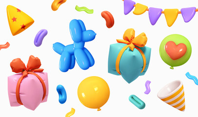 Collection colorful of objects party-themed for anniversary and birthday. Set of festive decorative design elements for party in realistic 3d cartoon style. vector illustration