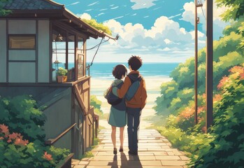 illustration of a boy falling in love with a girl. cartoon and anime style