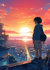 illustration of a boy falling in love with a girl. cartoon and anime style