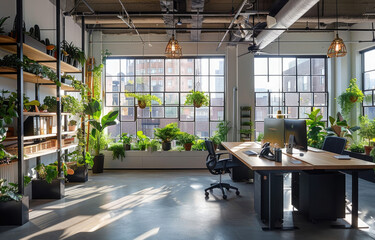 A modern open office space with large windows, white desks and black chairs surrounded by wooden planters filled with green plants.