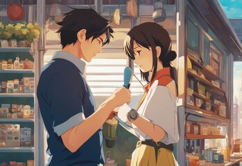 character illustrations of a married couple in anime and cartoon style.