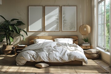 Contemporary bedroom soft bedding three wall frames neutral colors cozy atmosphere