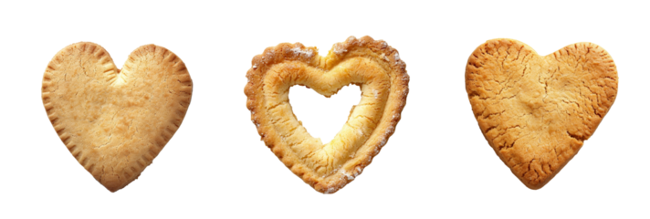Three heart-shaped cookies with different textures and golden brown color dessert transparent background