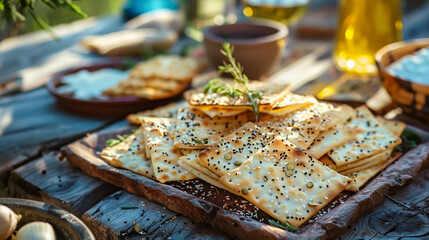 Fototapeta premium Illustration of average Mediterranean cuisine, authentic Greek appetizer for restaurants. Homemade food in rustic style. Beautiful, tasty, and healthy. Cheese, olives, tomatoes.