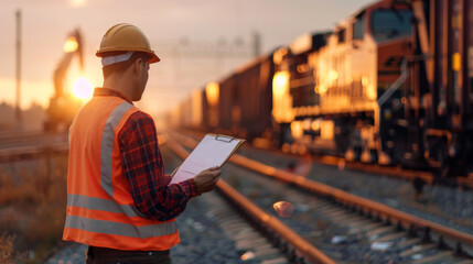 Obraz premium Engineer writing down observations and plans at a railway construction area, with the backdrop of a freight train moving through an open landscape
