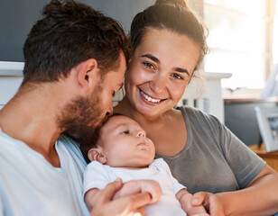 Parents, people and baby in bedroom with love, affection and newborn in home for relationship bonding. Parenthood, care and apartment with smiling family together, happiness and trust or support