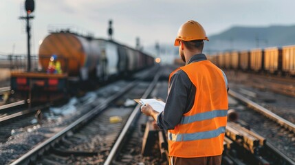 Engineer writing down observations and plans at a railway construction area, with the backdrop of a freight train moving through an open landscape