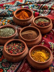 An assortment of traditional Moroccan spices in clay bowls, arranged on a colorful fabric backdrop. Generative AI