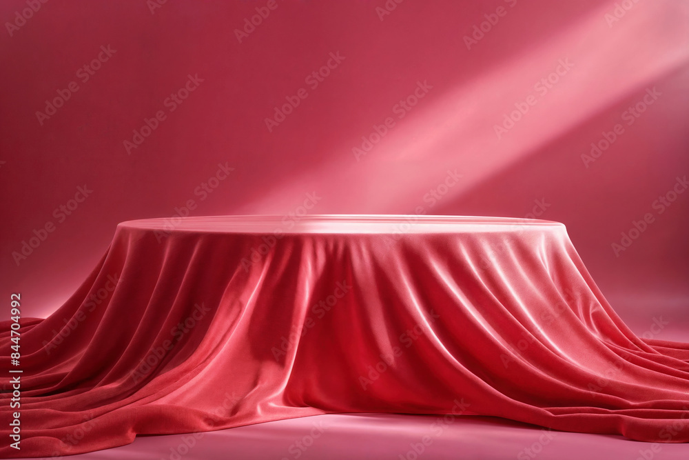 Poster round table covered with red velvet cloth on a red background with sunshine background. high quality