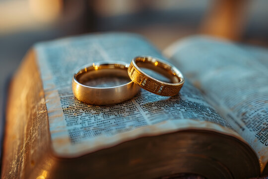 Closeup of two golden wedding rings and a holy bible represents the concept of marriage and the love between two Christians
