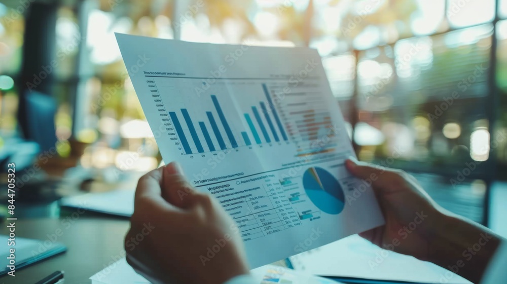 Poster Close-up of hands holding a report with a bar chart showing energy consumption data in an environmental research center