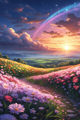 Generative AI Beautiful Niji Anime scenery of a beauty flower fields with beauty cloudy sky, beautiful meteor shower, cool niji anime landscape, Stunning views of Niji Anime flowers in blooms